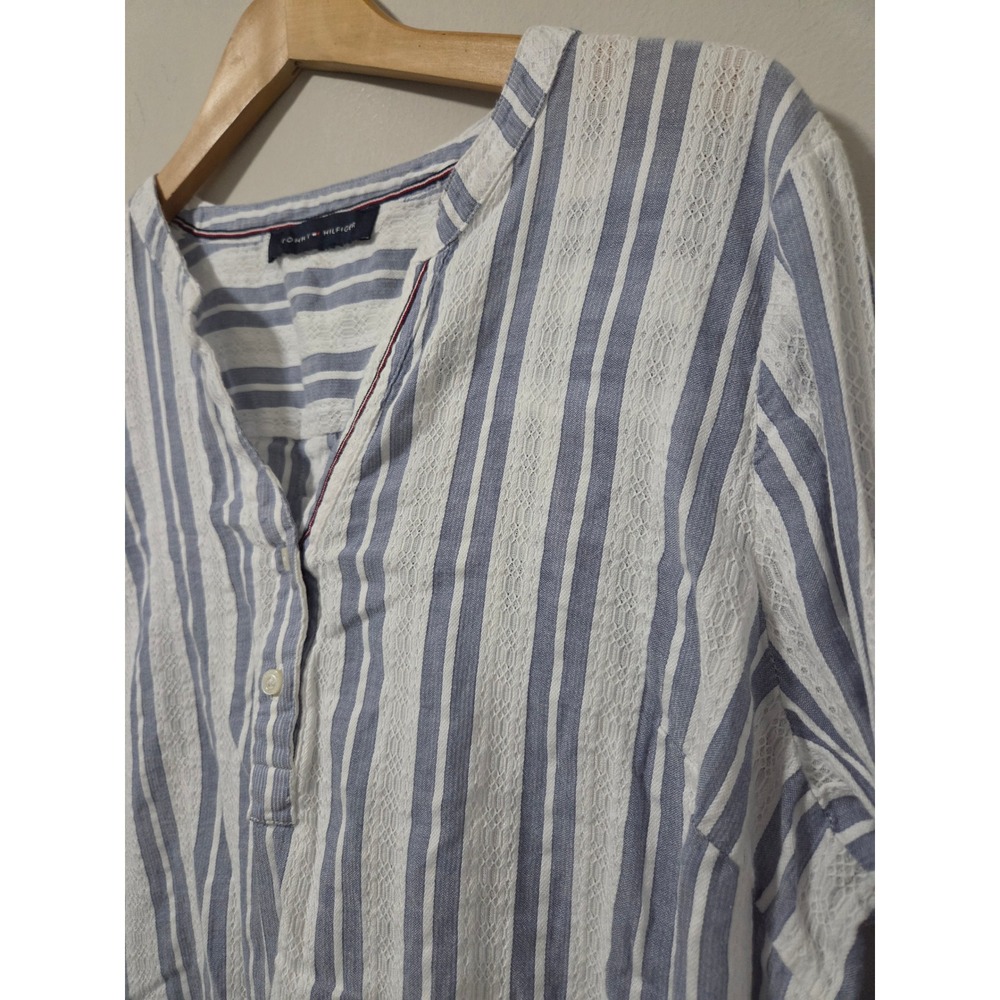 Tommy Hilfiger Blue White Striped Eyelet Lace Henley Long Sleeve Blouse Top - Picture 2 of 13